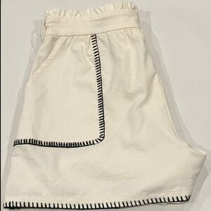 Linen & Lined Cream w/ Black Whip Stitch High Waist Shorts